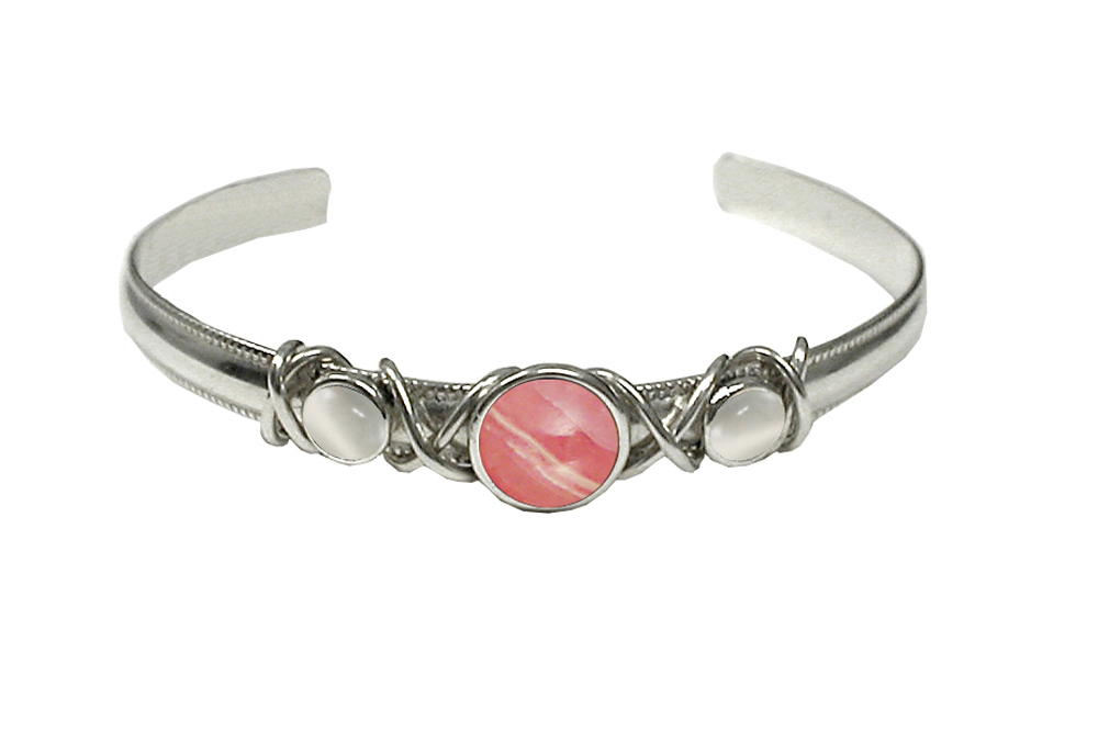 Sterling Silver Hand Made Cuff Bracelet With Rhodocrosite And White Moonstone